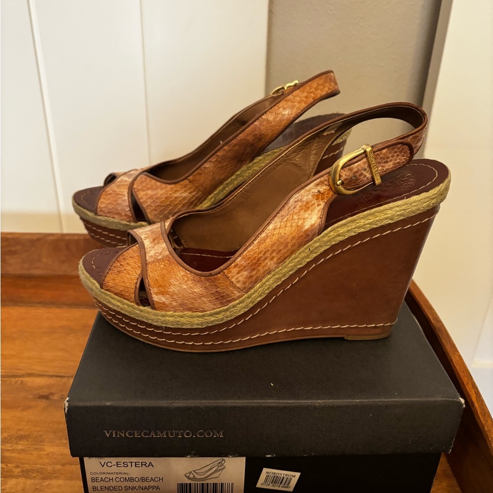 Vince Camuto Tan and Brown Wedge Sandals